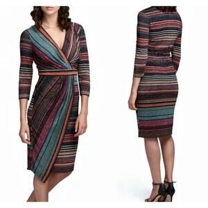 BOSTON PROPER Womens Bold Striped Metallic Knit Faux Wrap Dress $149 NEW Size 10
